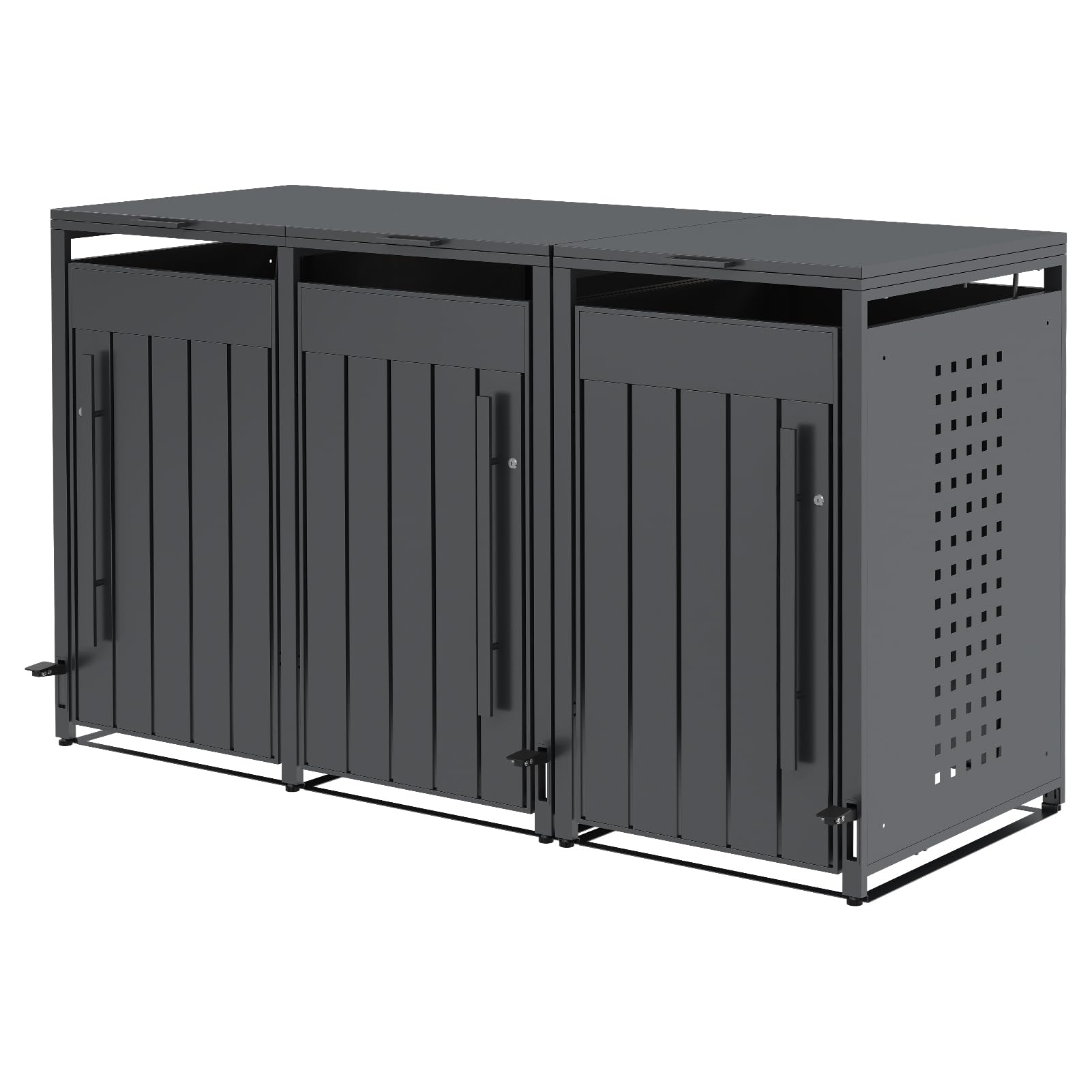 OMERAI Premium Mülltonnenbox 3er 240L mit Fußpedal - Anthrazit Verzinkter Stahl - Automatikdeckel mit Softclose & Schloss - Mülltonnenverkleidung wetterfest & UV-beständig Gerätebox - erweiterbar