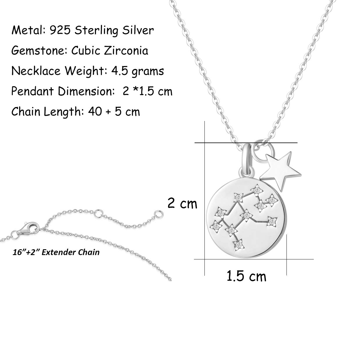 FANCIME Collar con Colgante de Signos del Zodiaco Constelaciones Horoscopo Collar para Mujer de Plata de Ley 925 Chapada Oro Blanco y Circonita Cúbica - Longitud Cadena: 40 + 5 cm