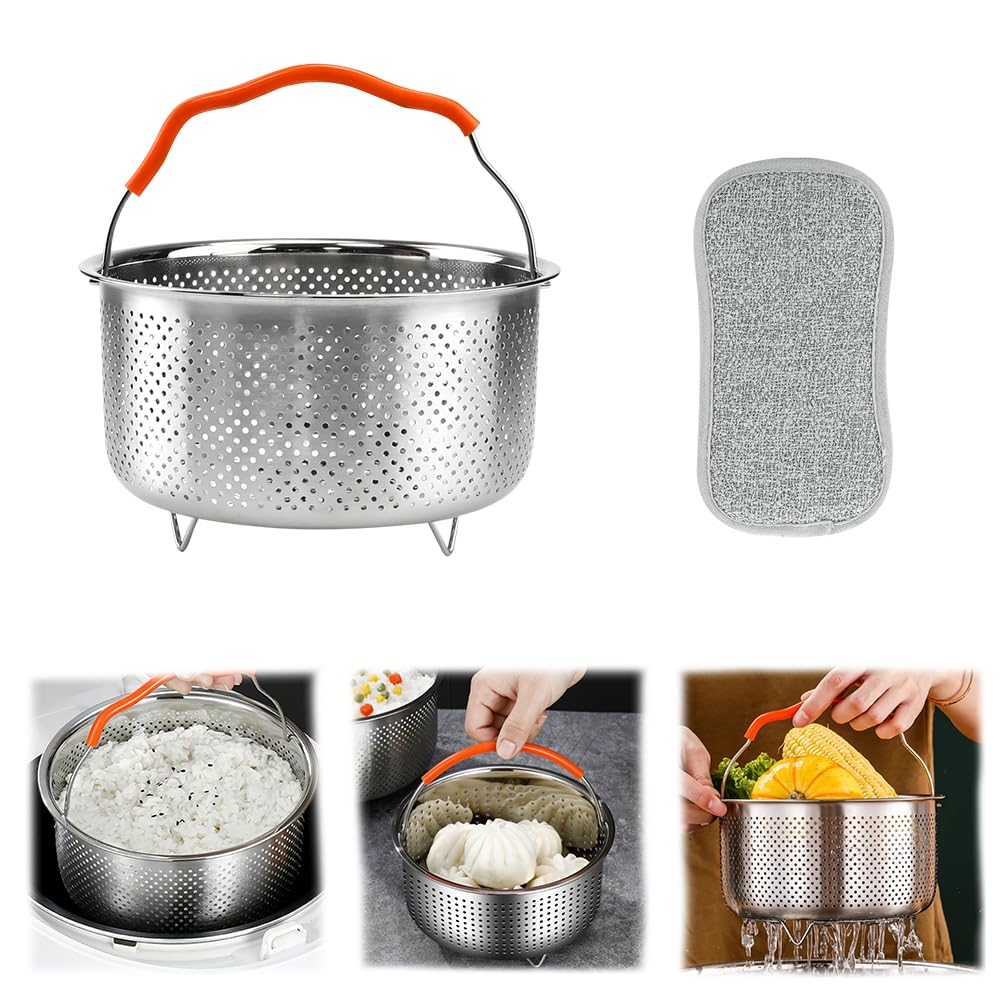 Cesta de Vapor Acero Inoxidable 2L 17.5cm Cesta para Vapor de Olla Cesta Vaporera de Verduras Cesta de Vapor para Olla a Presión Castillo Multiusos con Mango para Verdura Huevo Rroz + Esponja