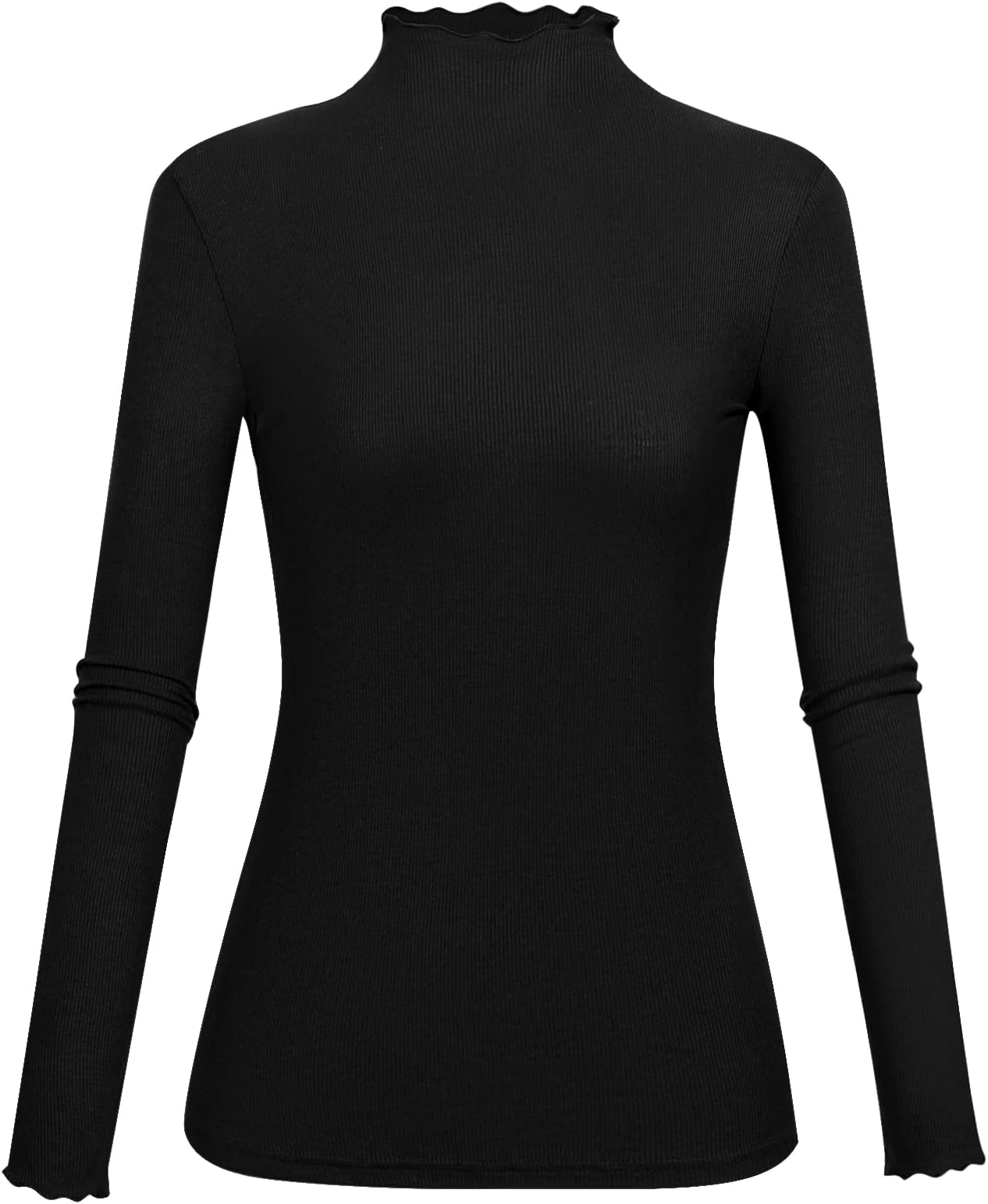 Lightweight Ruffle Mock Neck Tops Ribbed Lettuce Trim Soft Base Layer for Women