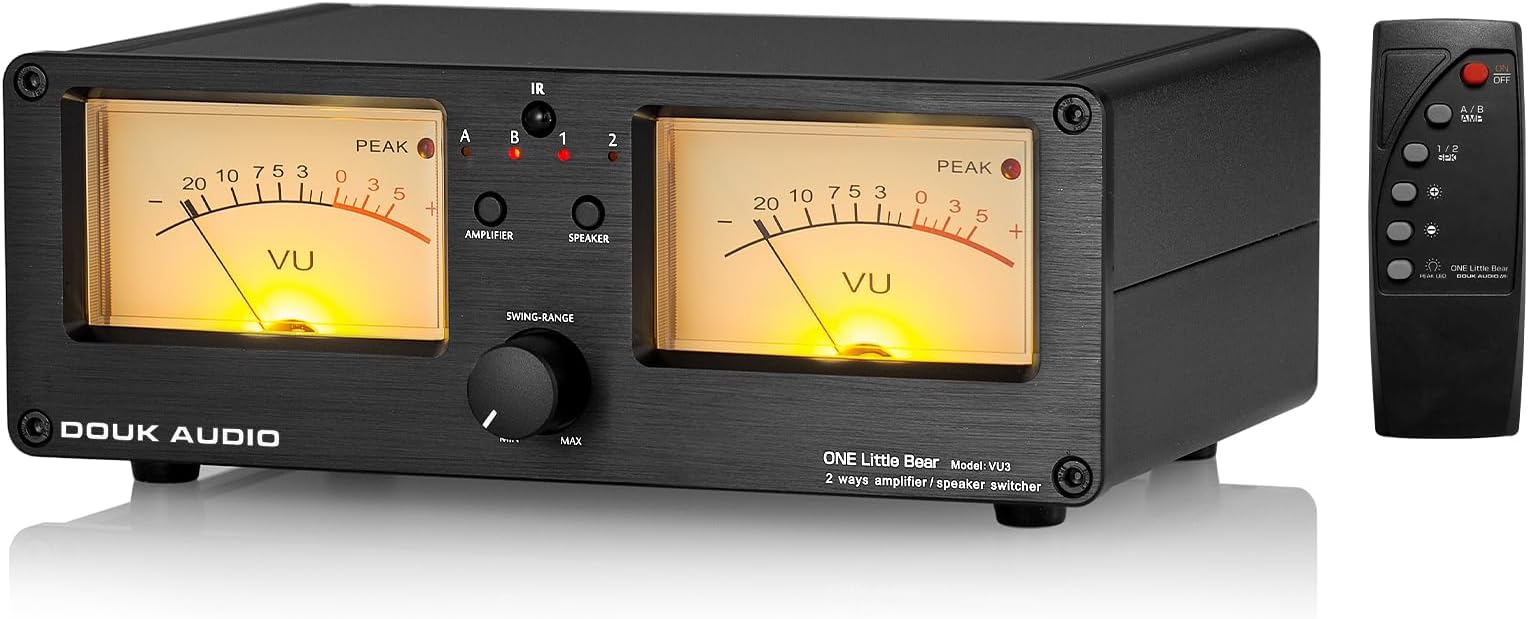 Douk Audio VU3 Dual Analog VU Meter, 2-Way Amplifier/Speaker Switch, Audio Switcher Box with DB Panel Display