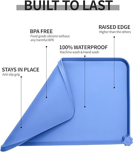 Vista 235 de Tapete impermeable para comida de perros y gatos con bordes elevados altos, pesados y gruesos, tapete de silicona libre de bisfenol A, para prevenir