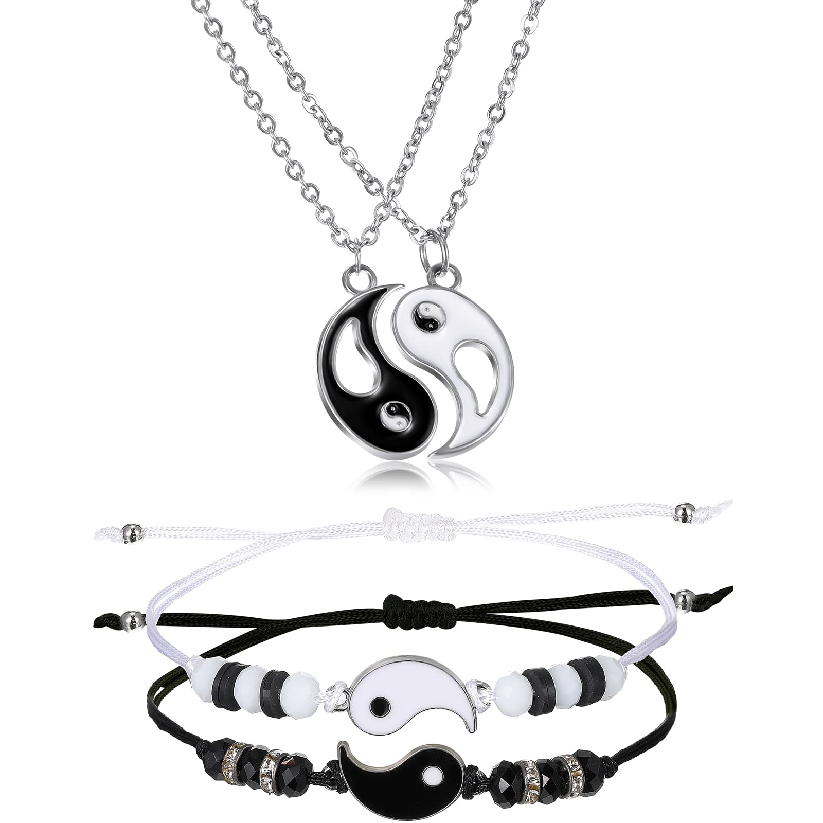 4 Pcs Yin Yang Necklace Bracelet Set Matching Friendship Necklaces Yin and Yang Adjustable Rope Bracelets for Best Friends Boyfriends and Girlfriends Valentine Gifts