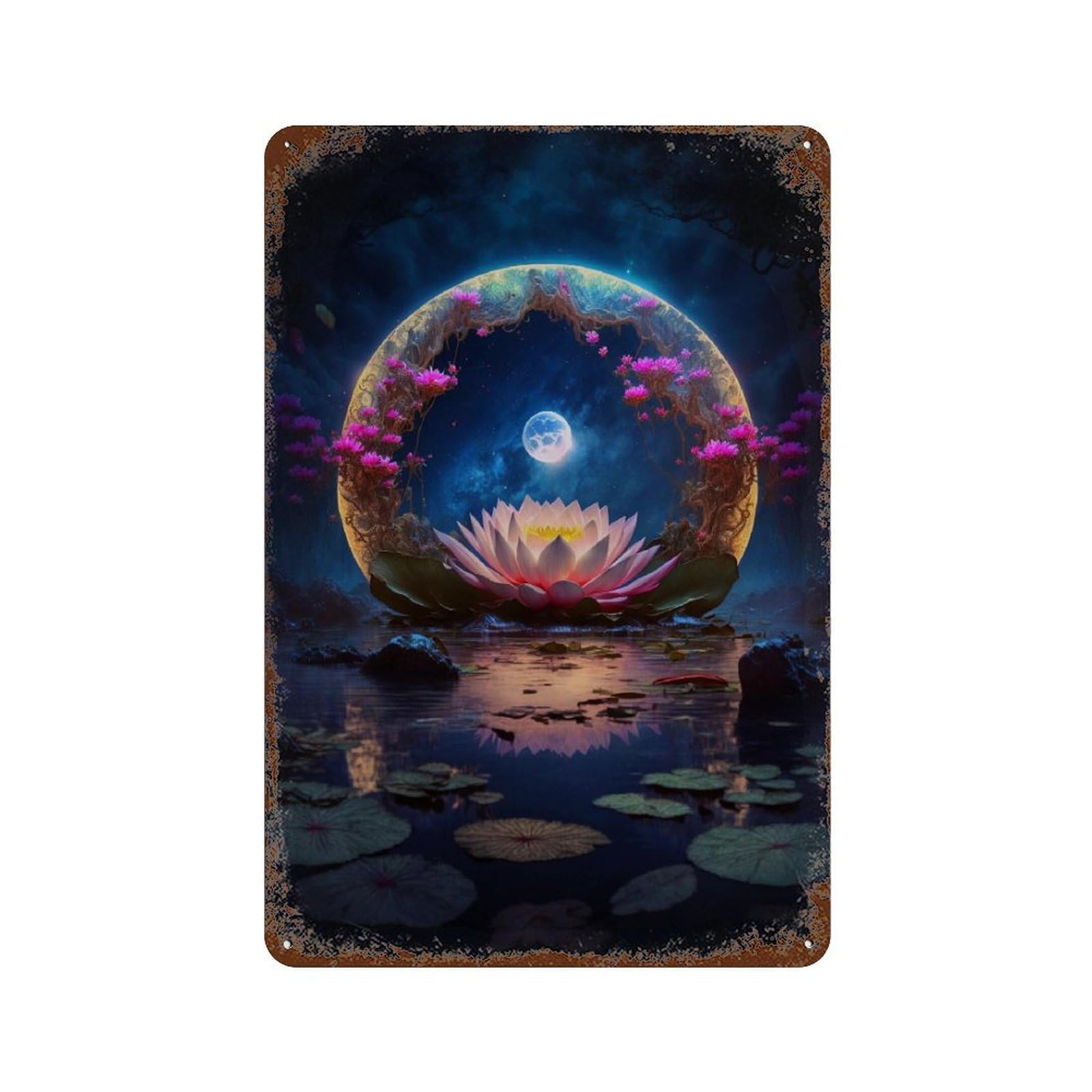 Garage Style Enchanted Lotus Pond Moonlit Scene Aged Metal Wall Plaque 11.8"x7.9", Old School Wall Decor for Bar And Workshop