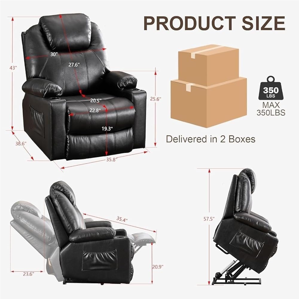 Power Lift Recliner Chair with Massage and Heat for Elderly Black Leather Adjustable Electric Reclining Sofa with USB Port 2 Cup Holders Side Pockets for Living Room
