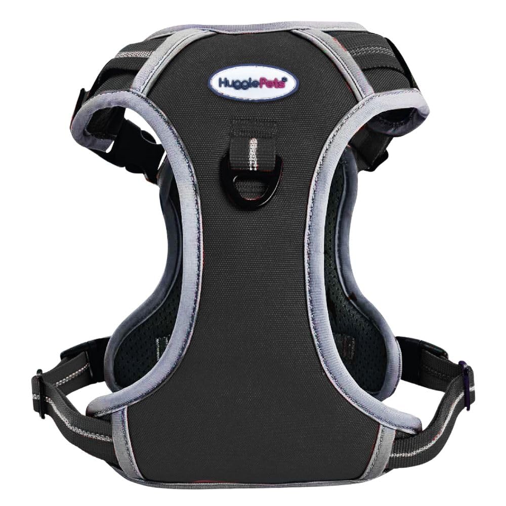 HugglePets Activity & Travel Comfort Dog Harness | Black Large 75-100cm | Adjustable Reflective | Breathable Mesh | Padded Grab Handle | Front & Rear D-Ring | Great