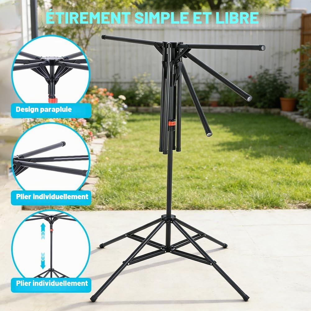 Séchoir à Linge Tour Pliable avec 6 Bras Extensibles | Hauteur Réglable 120-170 cm | Stable et Gain de Place pour Balcon, Intérieur, Extérieur (Noir)