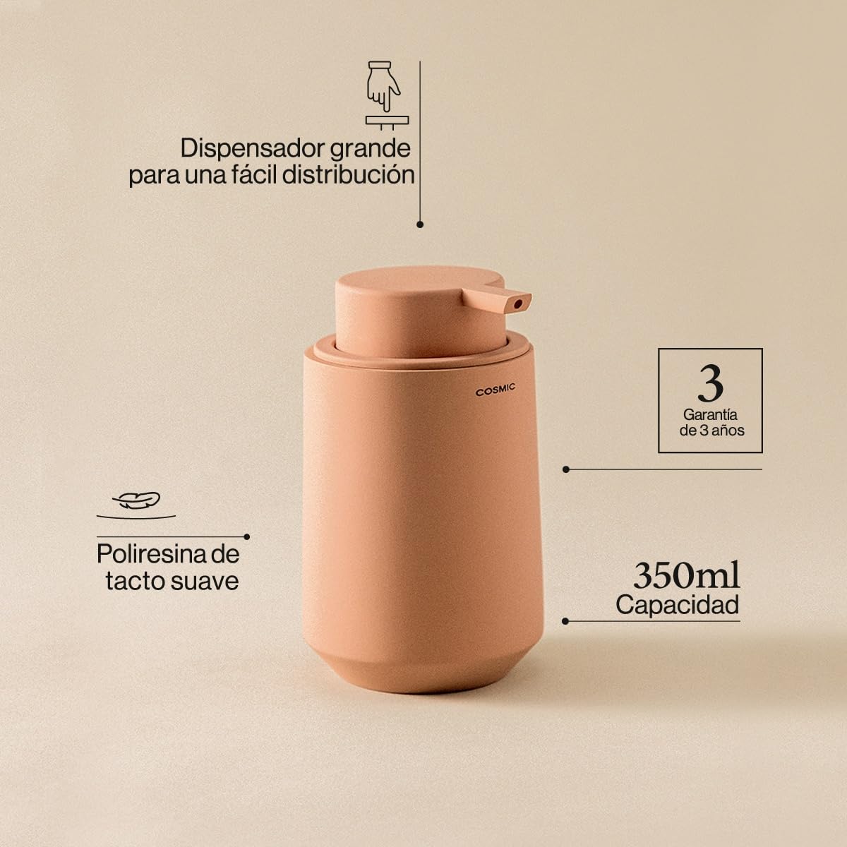 COSMIC Saona Dispensador de Jabón para Baño de Diseño Elegante Fabricado en Resina. Dosificador de Encimera para Aseo y Cocina de Tacto Suave. Accesorio Recargable de 350 ml en Color Lavanda