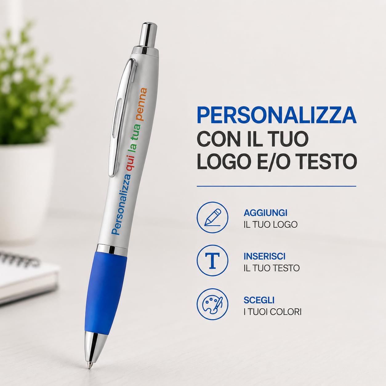 Penna Personalizzata con Nome, Logo o Testo | Stampa a Colori su Penna a Sfera con Impugnatura Soft Touch | Gadget Aziendale Personalizzato per Eventi, Fiere e Regali (25, Blu)