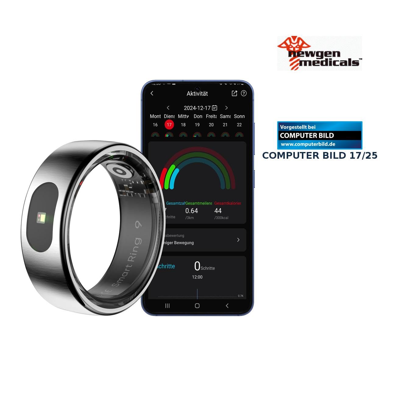 Newgen Medicals Health Ring: Fitnesstracker-Ring, Touch-Bedienung, Herzfrequenz, SpO2, 5 ATM, Gr.63 (Schlaf-Fitness, Smart mit Herzfrequenzmessung, Handy)
