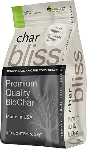 Char Bliss (1 cuarto de galón) Biochar orgánico para plantas Suplemento fertilizante de biocarbón con certificación OMRI para tierra de macetas,