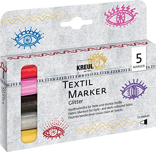 Kreul 92651 - Textil Marker Set Glitter, medium, 5 pièces, épaisseur de trait 2 à 4 mm, à base d'eau, crayons de couleur pour tissu semi-couvrants avec effet scintillant