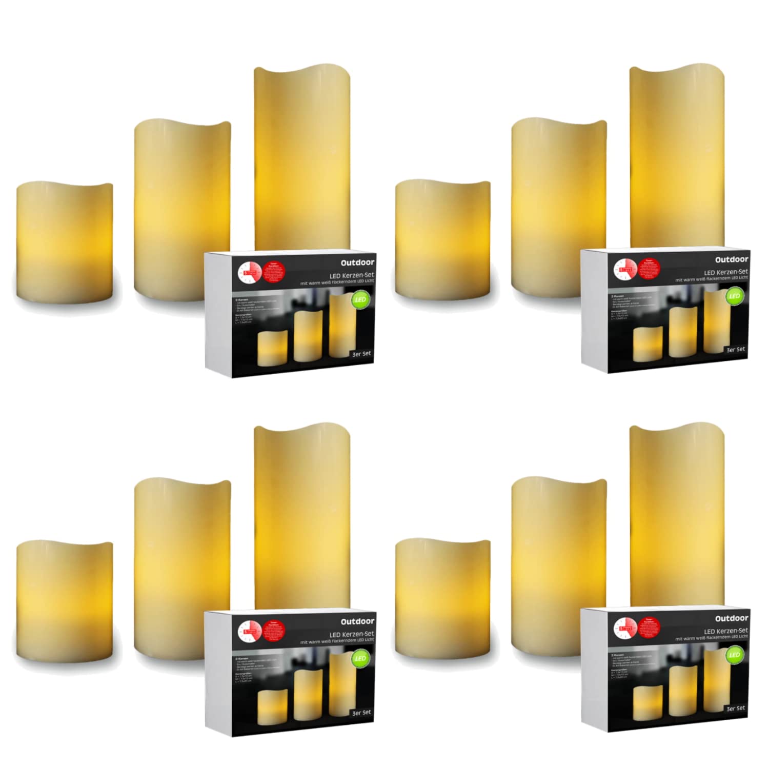 LED Universum - Outdoor LED Kerzen 3er Set weiß mit 5h Timer 10cm 15cm 20cm mit Ein/Ausschalter, batteriebetrieben mit jeweils 2 x AA (exkl.) für Balkon Garten Terrasse Party Grillabend (4 Sets,)