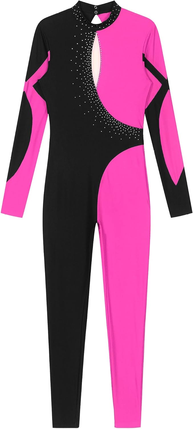 Women Rhinestone Gymnastics Leotard Unitard Full Length One Piece Figure Ice Skating Jumpsuit