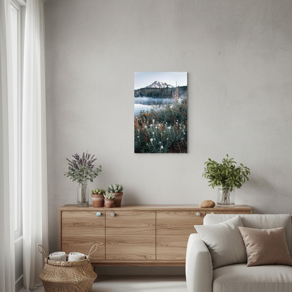 arttitue Nature Wall Art Canvas Decor: Lake Scene Picture Misty Landscape Print Mountain Forest Scenery Painting Natural Wildflower Artwork for Bathroom Living Room Bedroom Decoration