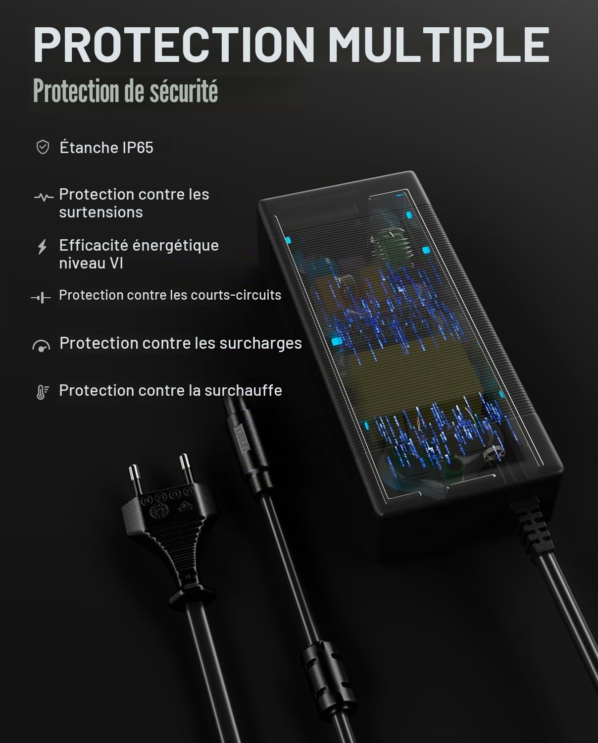 Chargeur Compatible avec Inmotion S1/L9 E-Scooter, Alimentation 63V 1.8A pour Batterie au Lithium 54V, Connecteur à 3 Broches, Adaptateur de Chargeur de Batterie Li-ION, Accessoires d'origine