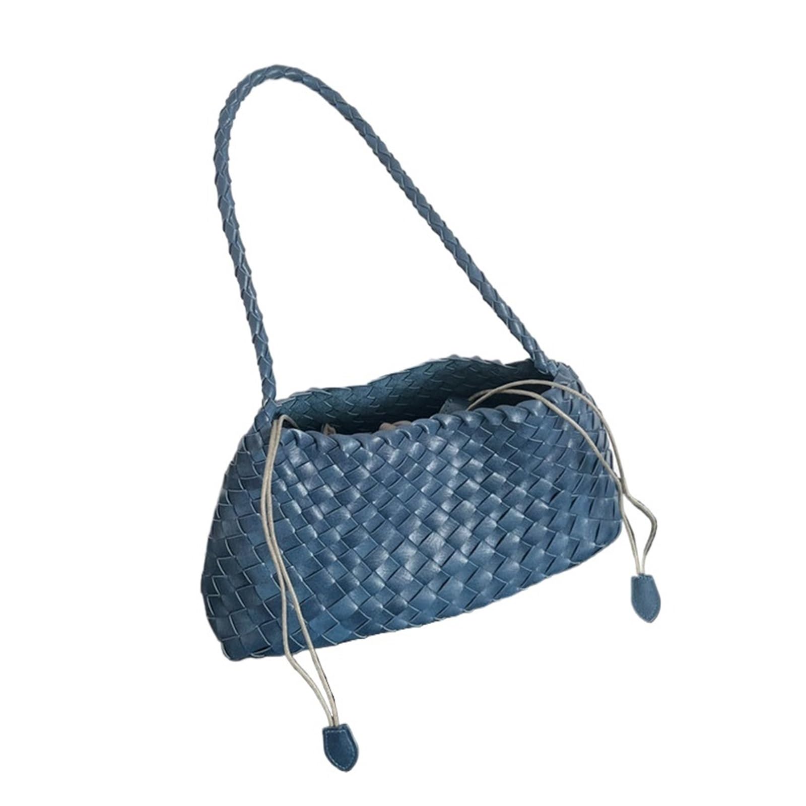 Amengj Women's Dark Blue Woven Leather Bag Pu Hand-Woven Bag, Vegetable Basket Bucket Bags, Vacation Handbag Shoulder Bags(Dark Blue)
