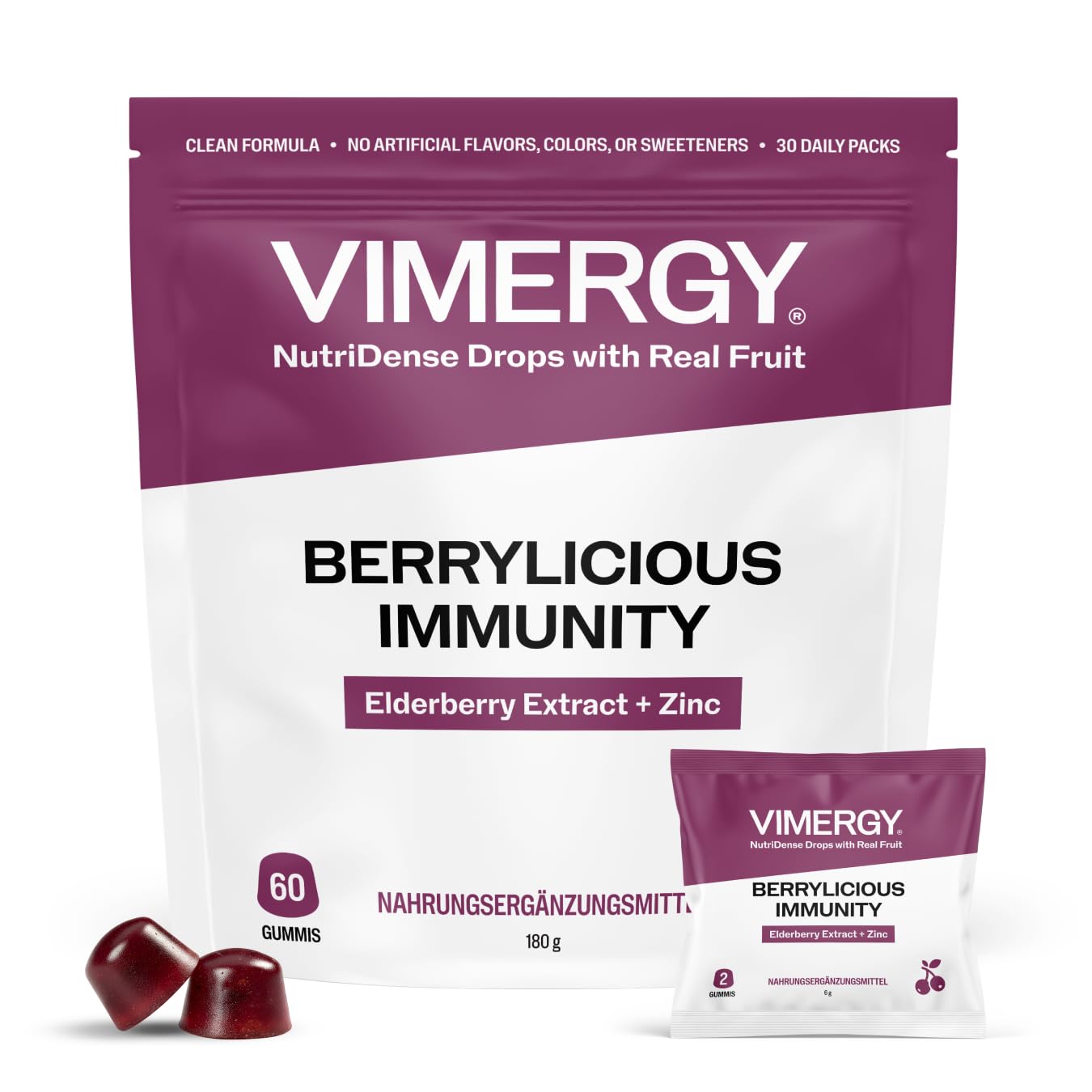 Vimergy NutriDense Berrylicious - Holunder-Extrakt + Zink zur Unterstützung des Immunsystems – kaubar, glutenfrei, ohne künstliche Süßstoffe, Nahrungsergänzung, 60 Stück (30 Portionen)