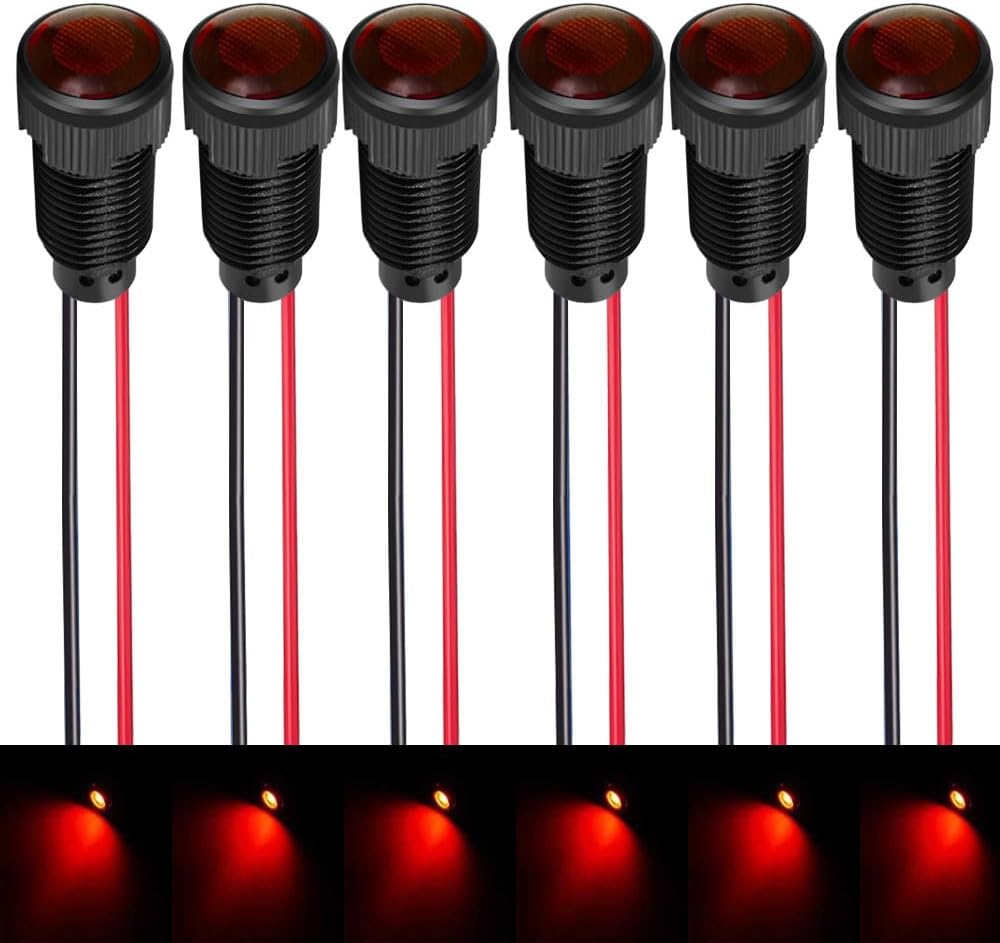 6pcs Red LED Indicator Pilot Light AC/DC 12-24V Mounting Hole Size 10mm(Flame Retardant Plastic Shell)