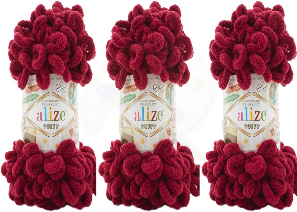Alize Puffy Baby Blanket Lot of 3 - 300gr, 30yds, 100% Micropolyester Soft, Super Chunky Bulky Worested Yarn (Bordeaux)