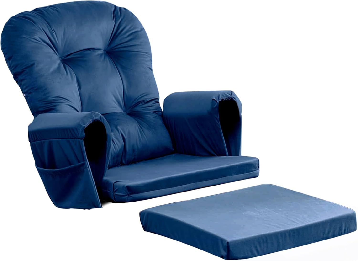 5PCS Glider Rocker Replacement Cushions Thick Soft Velvet Glider Cushions Replacement Set with Ottoman Cushion and Storage Pockets for Nursery Wooden Rocking Chair, Navy Blue