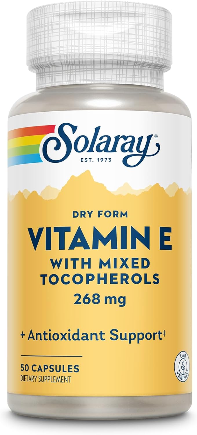 SOLARAY Vitamin E 400 IU (268mg), Dry Form with Mixed Tocopherols Vitamin E – Antioxidant Supplement, PMS and Menopause Support – 60-Day Guarantee, Lab Verified – 50 Servings, 50 Capsules