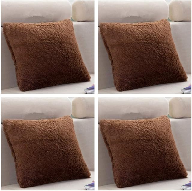 SET OF 4 - Extra Soft Teddy Bear Faux Fur Fleece Cushion Covers 45cm x 45cm / 18x18-14 Amazing Colours (Brown)