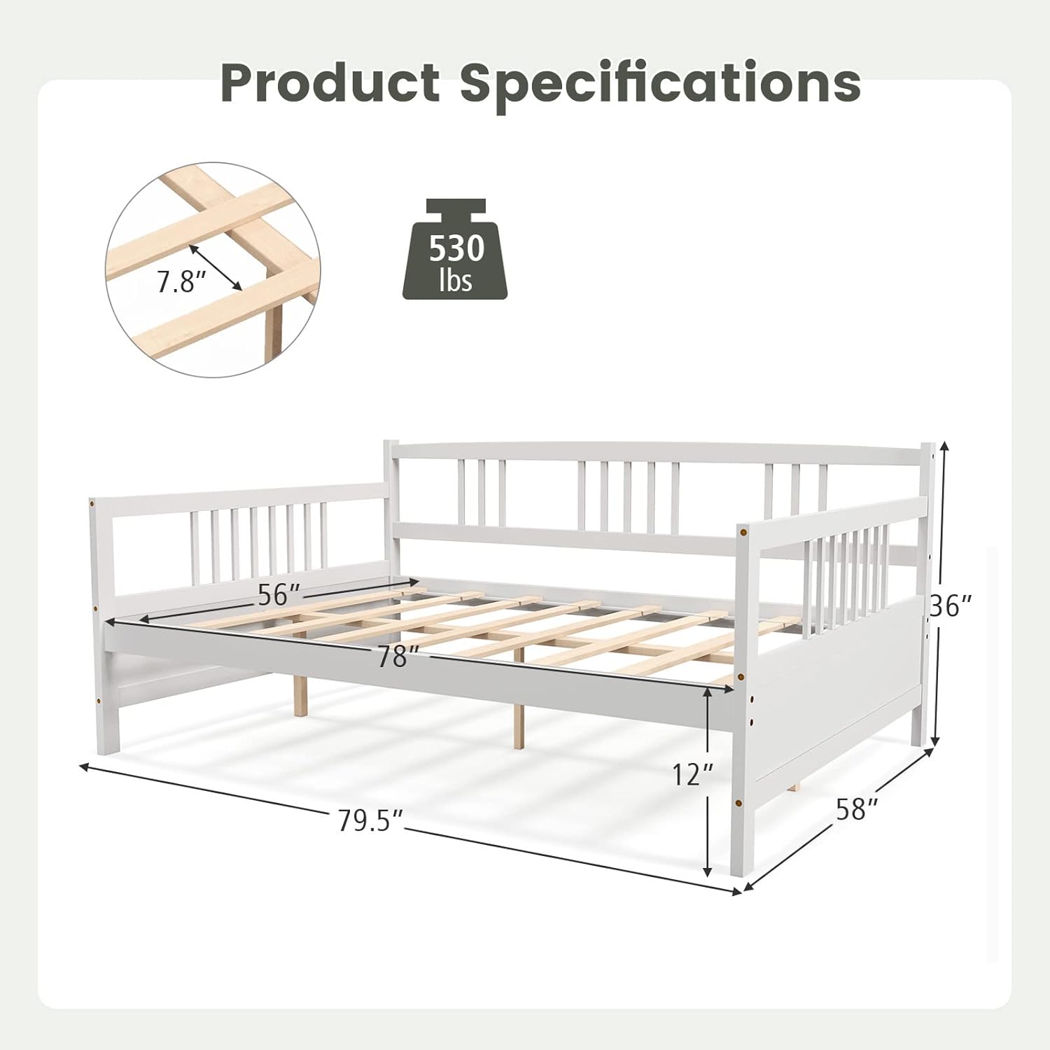 KOMFOTT Wood Daybed Frame Full Size, Sofa Day Bed Frame with Wooden Slats Support, No Box Spring Needed, Full Daybed Frame for Bedroom Living Guest Room