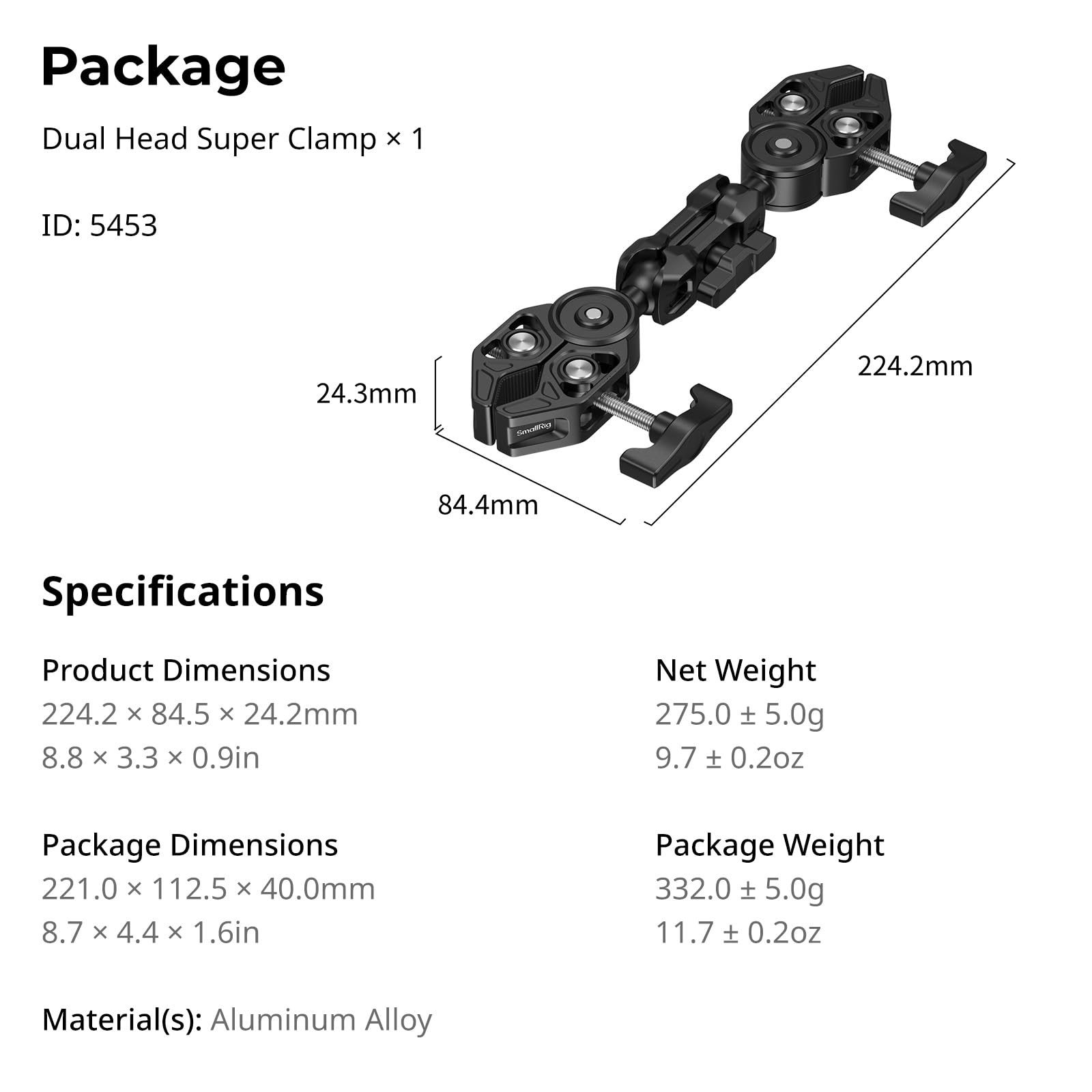 SMALLRIG Supporto Super Clamp Doppio con Braccio Magico, Morsetto a Testa Sferica a 360° per Ombrello, Sedia, Monitor, Scrivania, Studio Fotografico, Supporto a Morsetto per Treppiede -5453