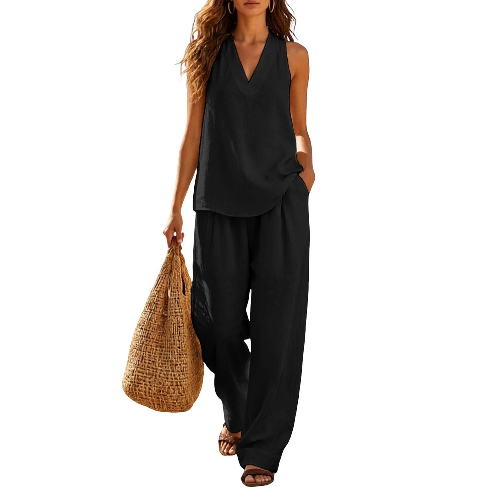 Set di Due Pezzi di Lino Casual Completo Casa Larghi Taglie Forti Curvy Tuta Elegante Camicia + Pantaloni Lino Completa Larghi Estiva Confortevole Due Pezzi Pantaloni Tuta Donna Cotone Leggero