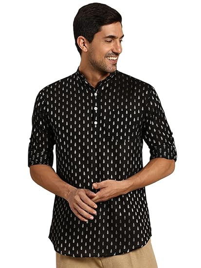 Men's Cream Ethnic Motifs Short Kurta