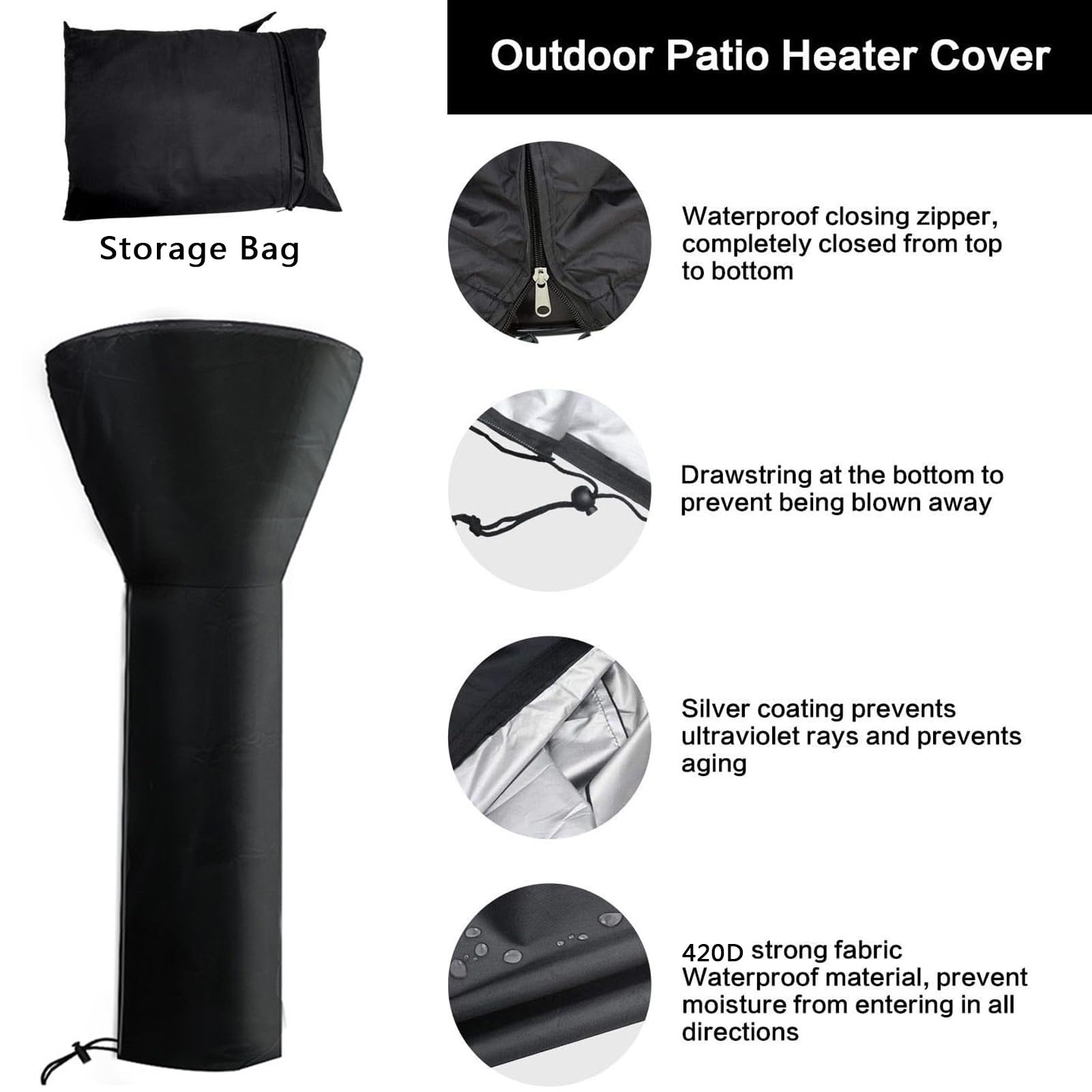 Patio Heater Cover, 420D Impermeabile Copertura Riscaldatore Patio, Resistente Ai Raggi UV Telo Protettivo per Stufa da Patio Esterni Giardino (240 x 92 x 59cm)