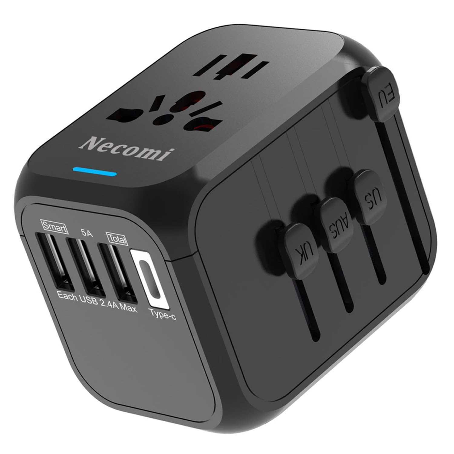 Necomi Universal Travel Adapter, International Charger Power Adapter, Wall Charger AC Plug Adaptor with 3 USB And 1 Type-C for USA EU UK AUS محول السفر（Black)