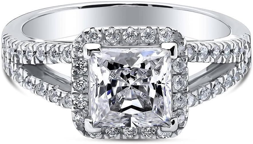 BERRICLE Sterling Silver Halo Wedding Engagement Promise Rings Split Shank Ring for Her, Princess Cut Cubic Zirconia CZ