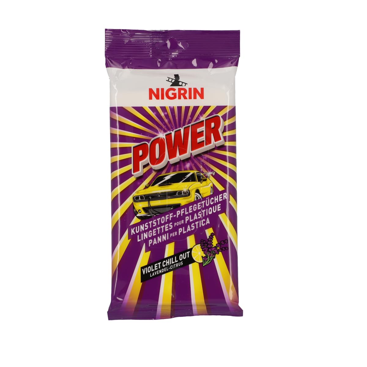 NIGRIN Power Kunstststoff-Pflegetücher, für alle Kunststoff- und Vinyloberflächen im Fahreuginnenraum, mit Lavendel-Citrus-Duft, farbauffrischend, antistatisch, weiß, 20 Stück