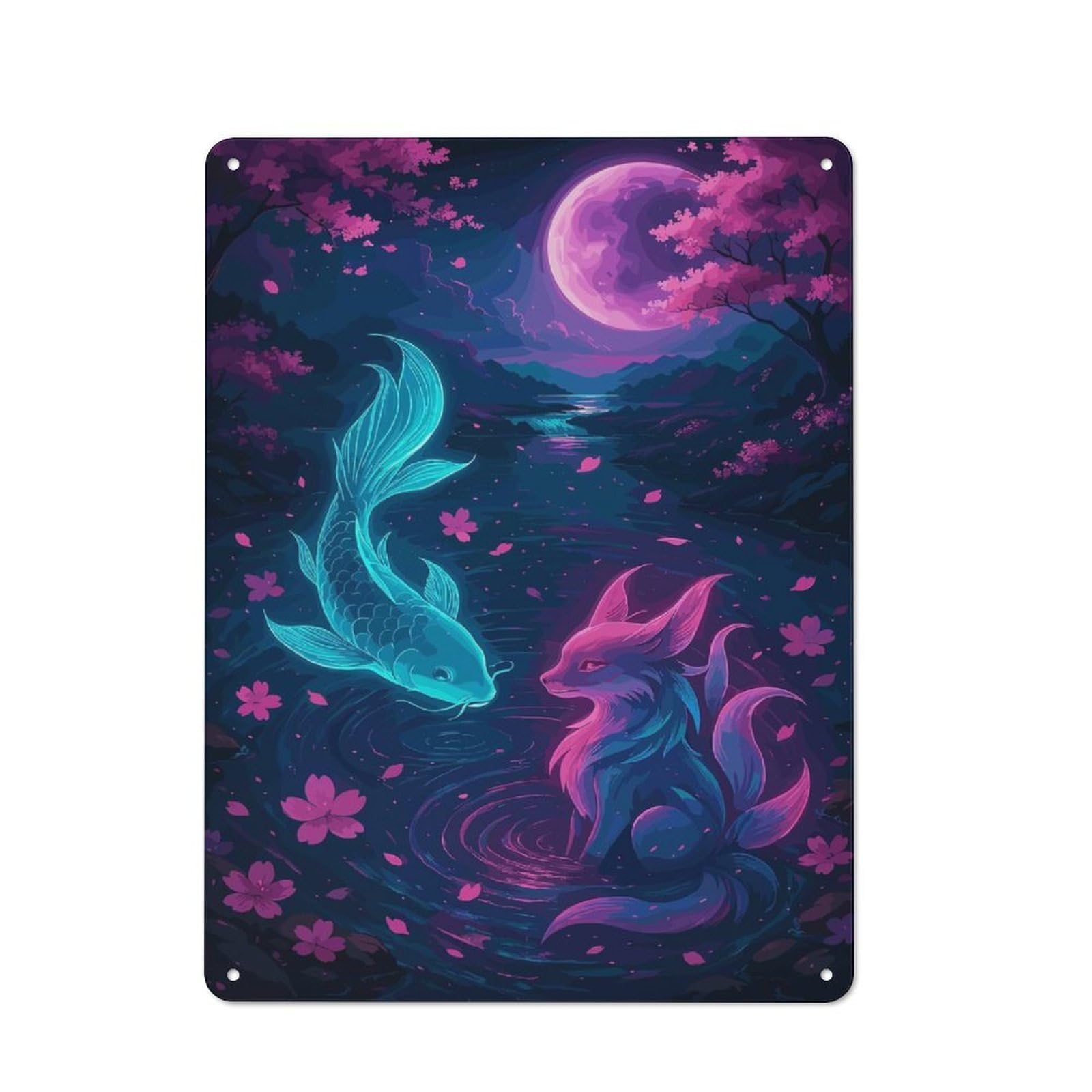 Junmoney Style Tin Wall Plaque 40X30cm With Koi Fish And Fox In Moonlight For Living Room Or Hallway, For Vintage Wall Decor Fans, For Themed Room Decoration