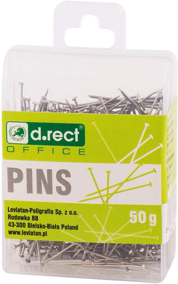 D.RECT 7136- Alfileres de Cabeza, en Caja de plástico, 50 gramos, Niquelado