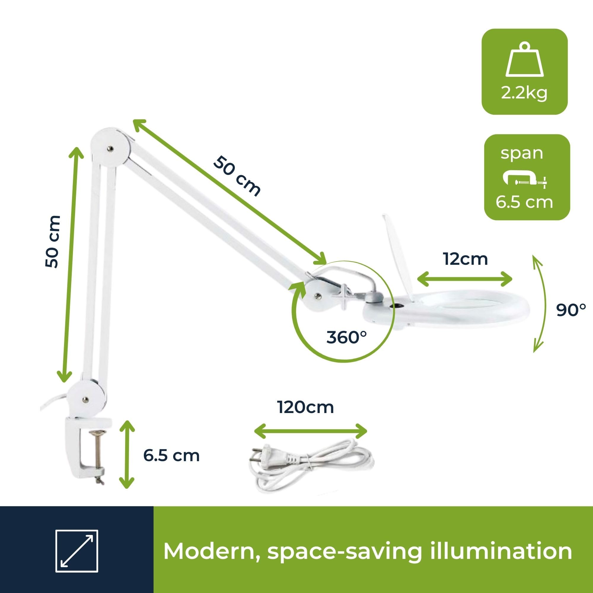 Velleman Lampada con lente d'ingrandimento e morsetto, luce 22 W con braccio orientabile, ingrandimento 2,25x, lente 5 diottrie 120 mm, per hobby, lettura e lavori di precisione