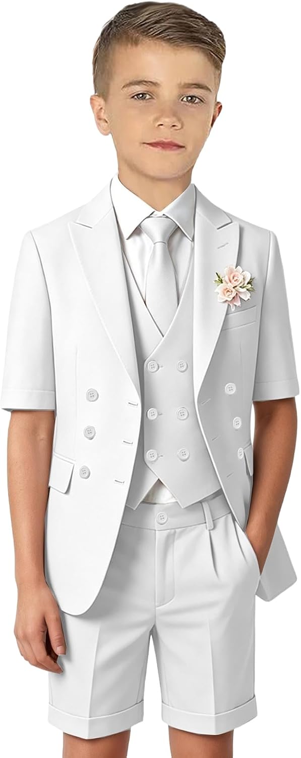 Boys Short Suit 5 Pieces Set Boys Graduation Outfit Formal Wedding Ring Bearer Outfit Summer Outfits for Beach Wedding