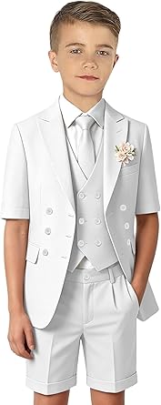 Boys Short Suit 5 Pieces Set Boys Graduation Outfit Formal Wedding Ring Bearer Outfit Summer Outfits for Beach Wedding