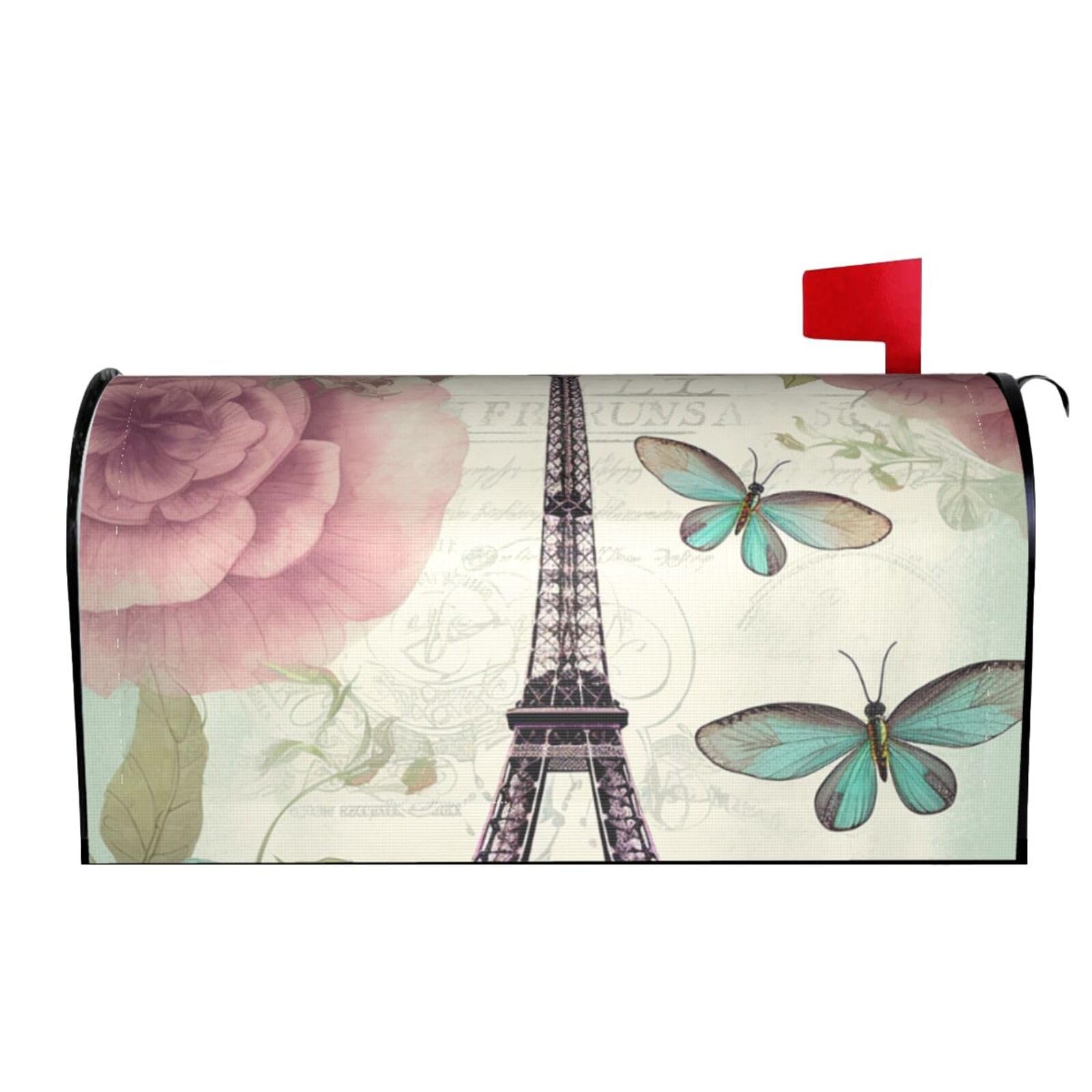 Spring Summer Mailbox Covers Magnetic Letter Post Box Cover Retro Dragonfly French Tower Mailbox Wrap Decoration Mailbox Post Cover for Garden Yard Outside Welcome Decor 21x18 in