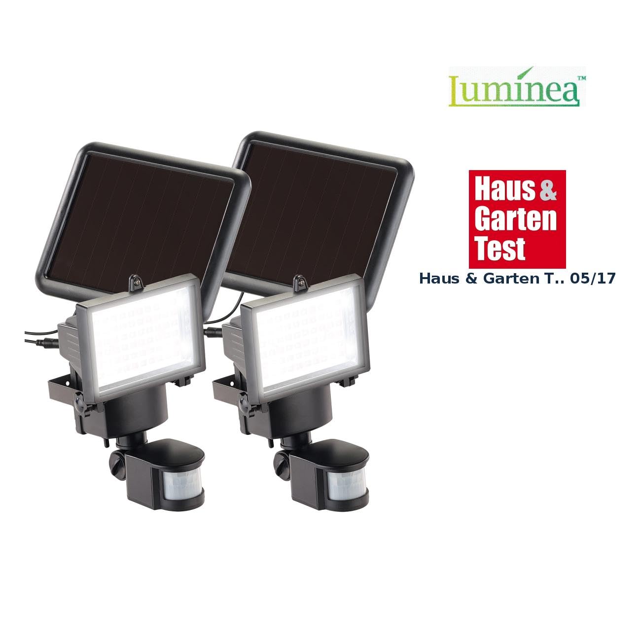 Luminea LED Strahler Solar außen: 2er-Set Solar-LED-Wand-Fluter für außen, mit Bewegungssensor, 600 lm (Fluter mit Bewegungsmelder, mit Akku, Hausnummer)