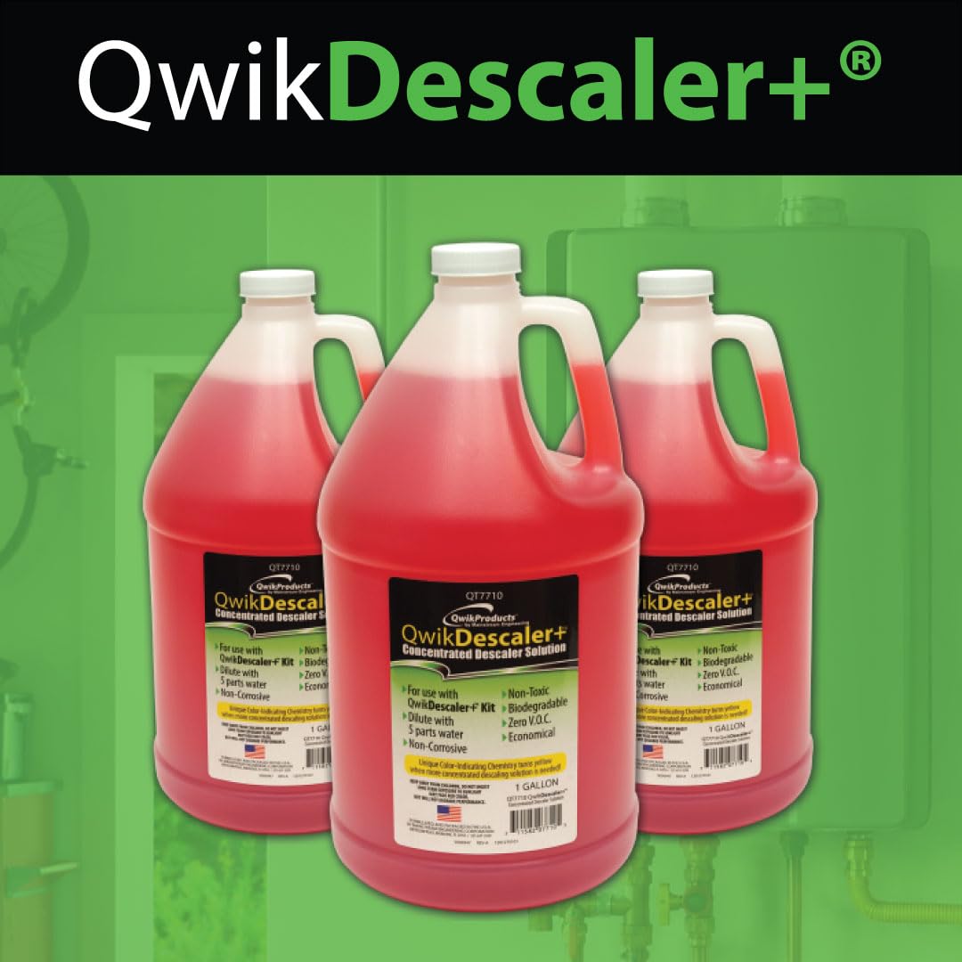QwikProducts QwikDescaler + Solución descalcificadora concentrada, calentador de agua sin tanque, disolvente descalcificador para intercambiador de calor, disuelve rápidamente la escala, la cal, el
