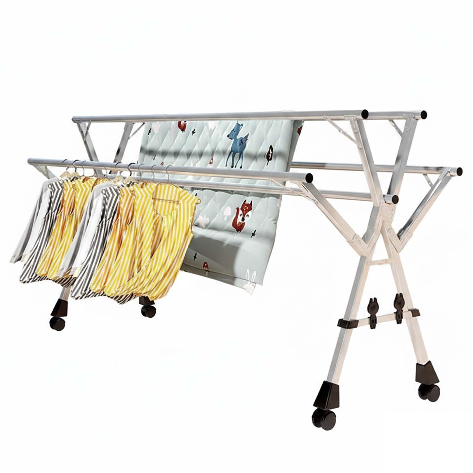 YSUEFIJO Telescopic Clothes Drying Rack with Wheels, Foldable Laundry Hanger Rack, Stainless Steel Garment Rack, Adjustable Drying Rack For Small Spaces, Portable Rack For Indoor Outdoor