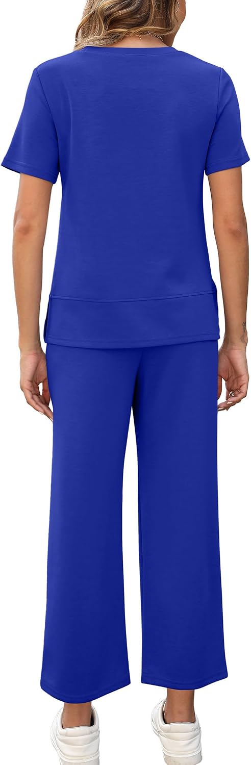  Women's 2 Piece Outfits Summer Lounge Sets Side Slit Loungewear | Short Sleeve Top Matching Wide Leg Capri Pants thumbnail