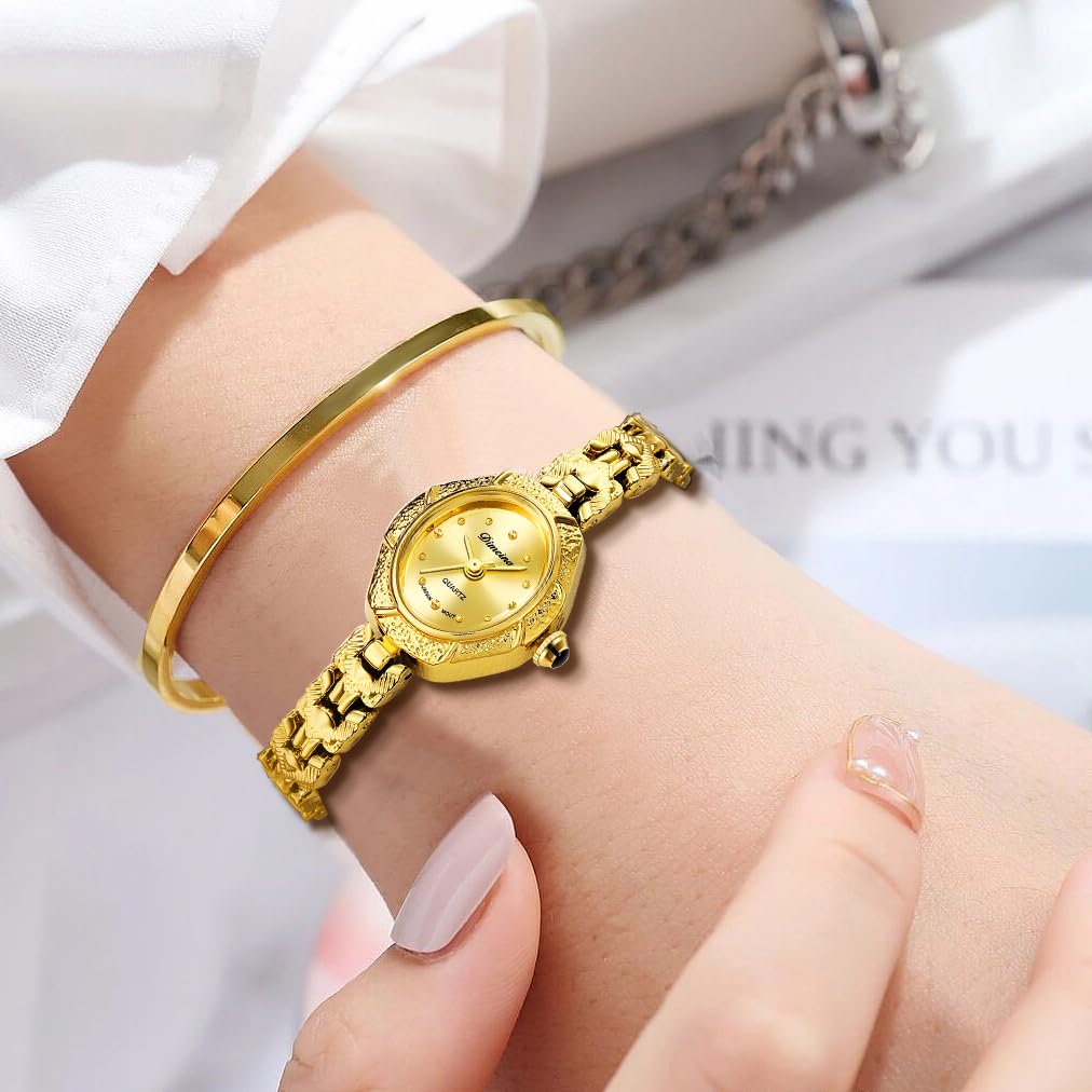 FORSINING Relojes de oro para mujer, vintage, relojes de pulsera de acero inoxidable, delicado y pequeño hexagonal para mujer, pulsera
