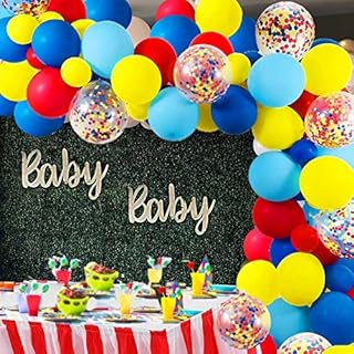 Carnival Circus Balloon Arch and Garland Kit - 105 Pack Red Blue Yellow Round Latex Balloons and Rainbow Multicolor Pre-Filled Confetti Balloon for Carnival Wedding Birthday Anniversary Decorations