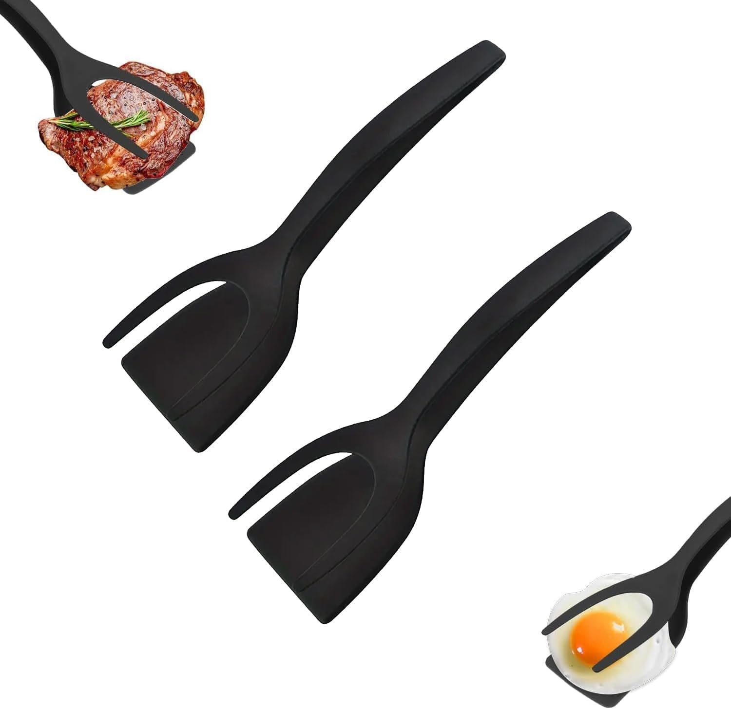 2 in 1 Grip and Flip Spatula Tongs, Egg Flipper Tong, Non-Stick Egg Turners, Pancake Fish French Toast Omelet Making Home Kitchen Cooking Tools (Black 2pcs)