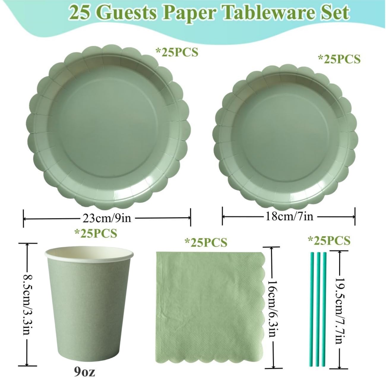 PHUNAT Sage Green Paper Plates Napkins Cups Set, 125PCS Sage Green Party Tableware Set, Baby Shower Plates Cups and Napkins - Image 2