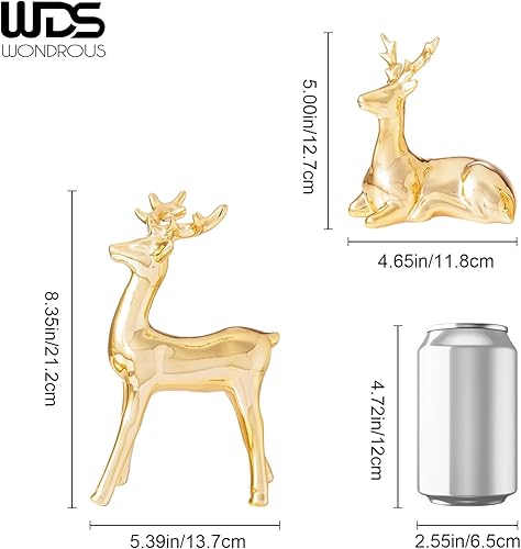 Miniatura 3 de WDS WONDROUS Decoraciones de Navidad, figuras de reno, juego de 2 estatuas de reno de cerámica para interiores, figuras de ciervos de Navidad,